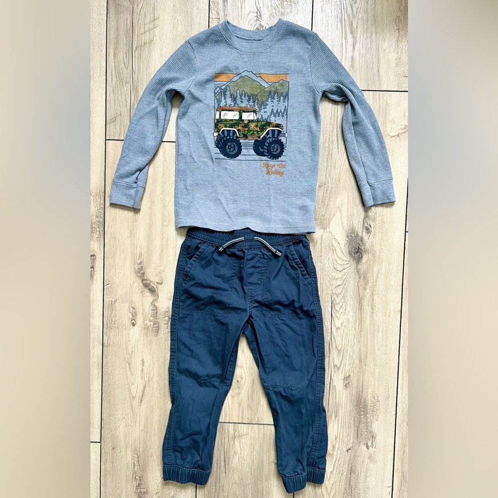 4T Boy Garanimal Fall Outfit Jeep Long Sleeve Top/Navy Pants